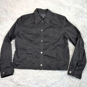 Jones New York Jacket Womens L Black Denim Button Up Pockets Comfort Casual